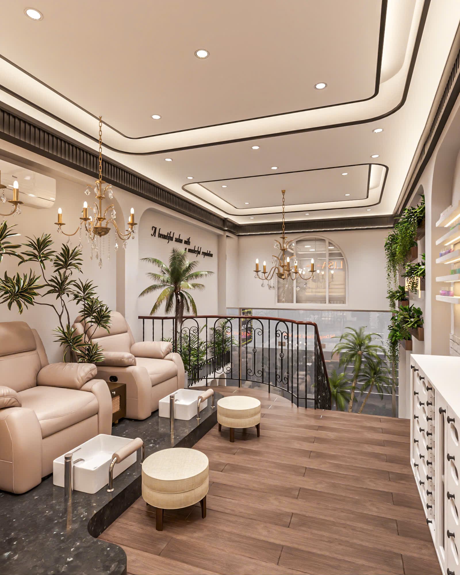 Không gian Lisa Nail & Spa — khu vực chờ với ghế bành êm ái và đèn chùm ánh vàng ấm áp