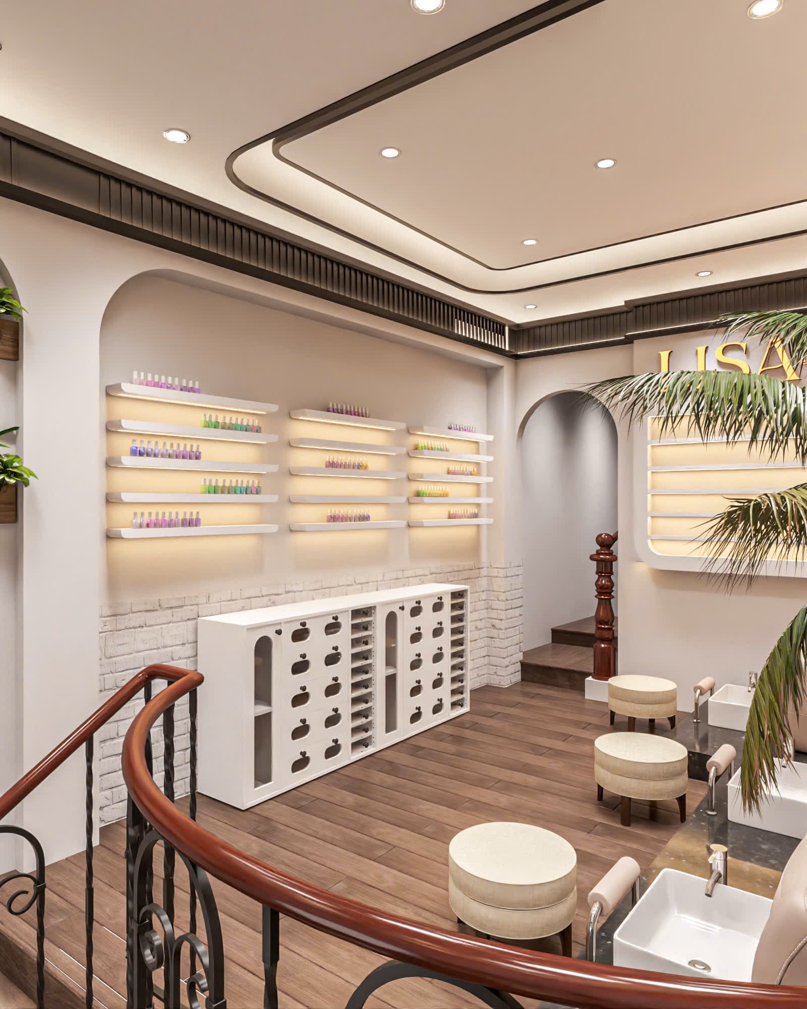 Không gian Lisa Nail & Spa — kệ trưng bày sơn gel nhiều màu sắc