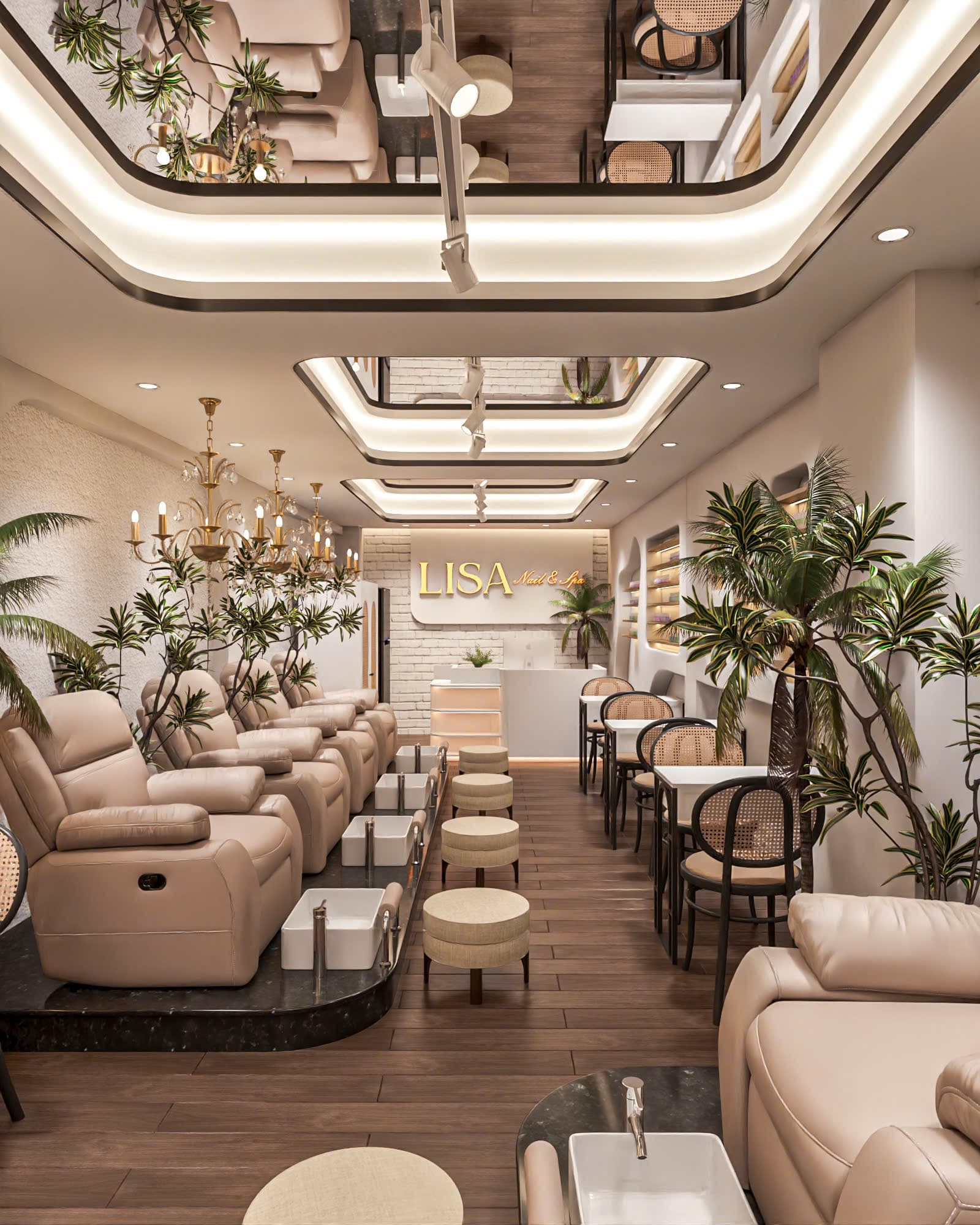 Không gian Lisa Nail & Spa — khu ghế làm chân kết hợp góc ngồi trò chuyện