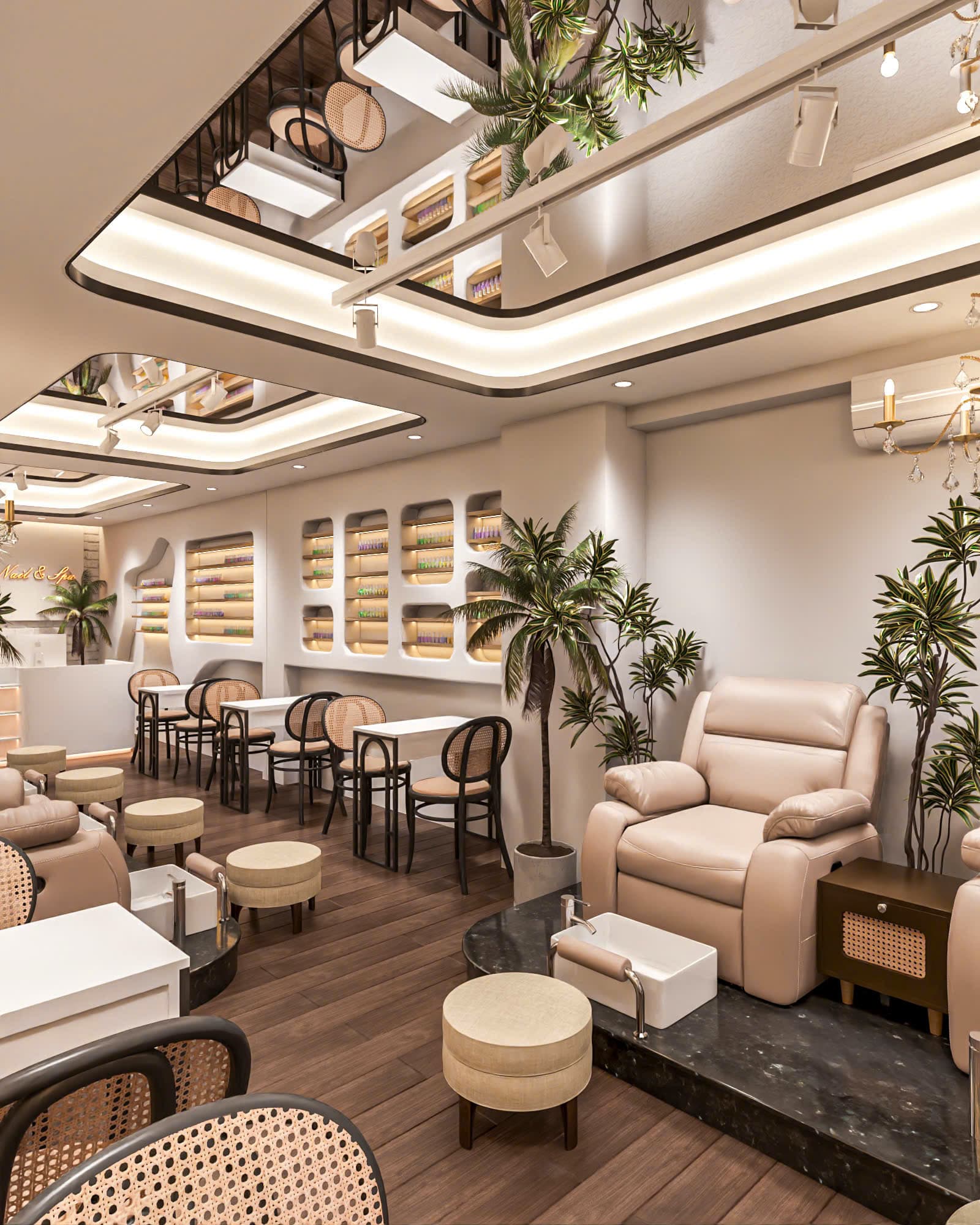 Không gian Lisa Nail & Spa — góc chờ với bàn ghế mây và mảng tường lưu niệm