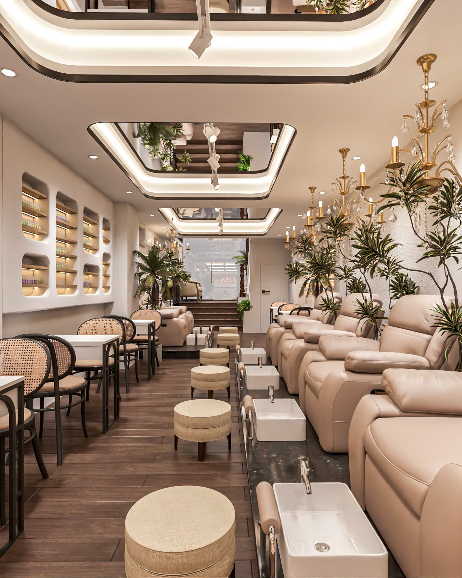 Không gian Lisa Nail & Spa — dãy ghế làm nail trải dài bên khu cây xanh