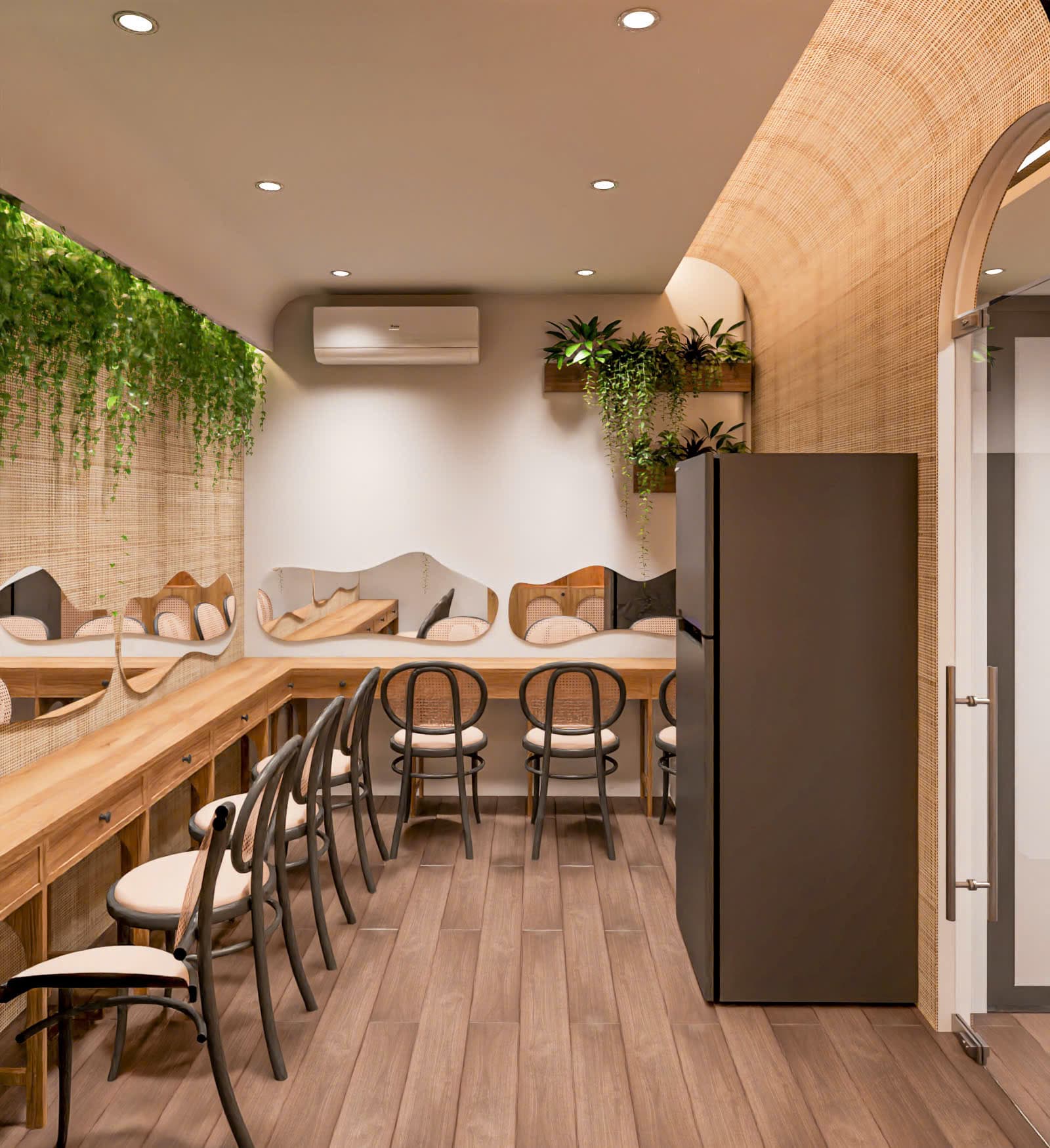 Không gian Lisa Nail & Spa — bàn trang điểm gỗ dưới hàng gương uốn lượn