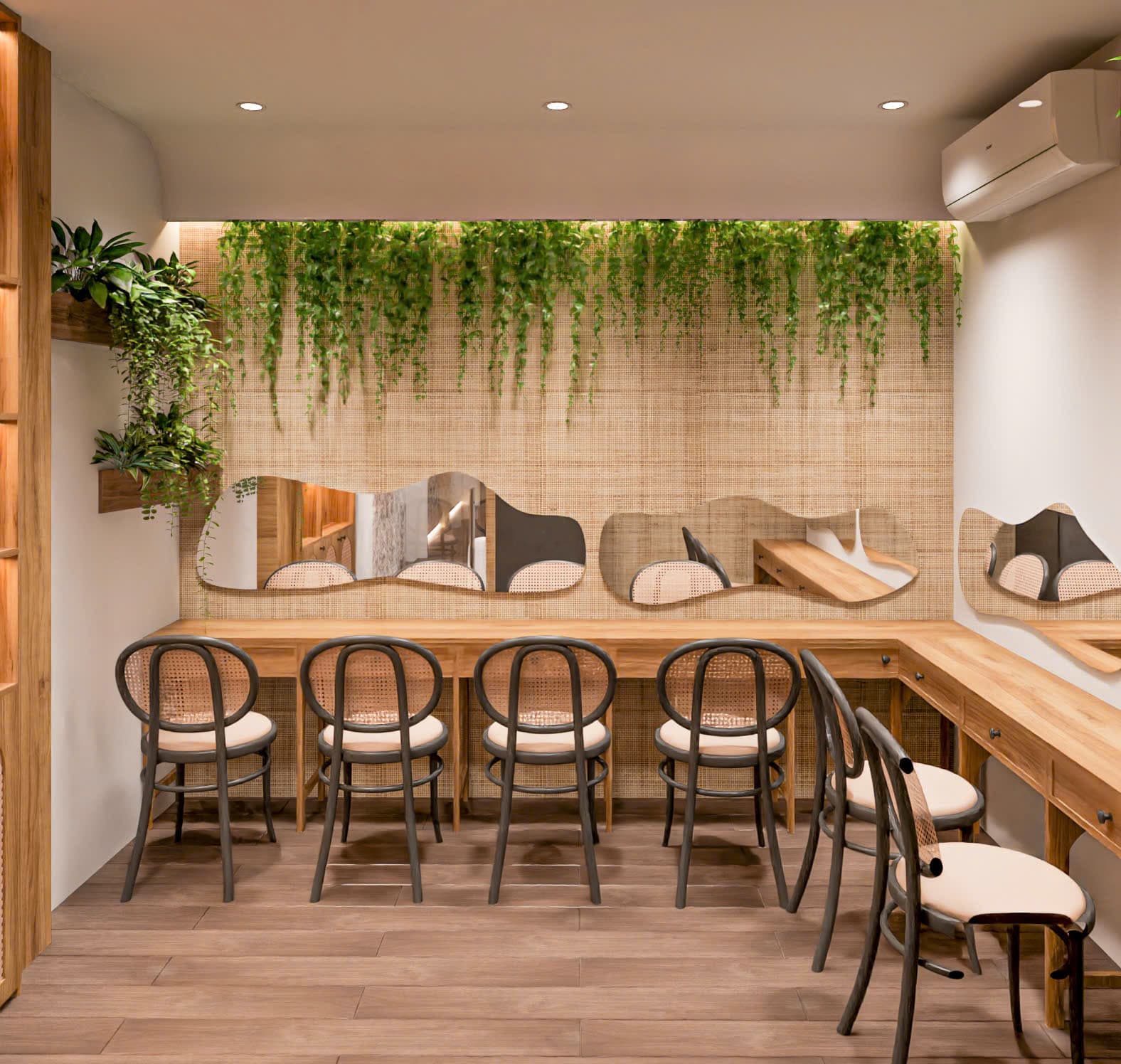 Không gian Lisa Nail & Spa — góc trang điểm với gương uốn lượn mềm mại