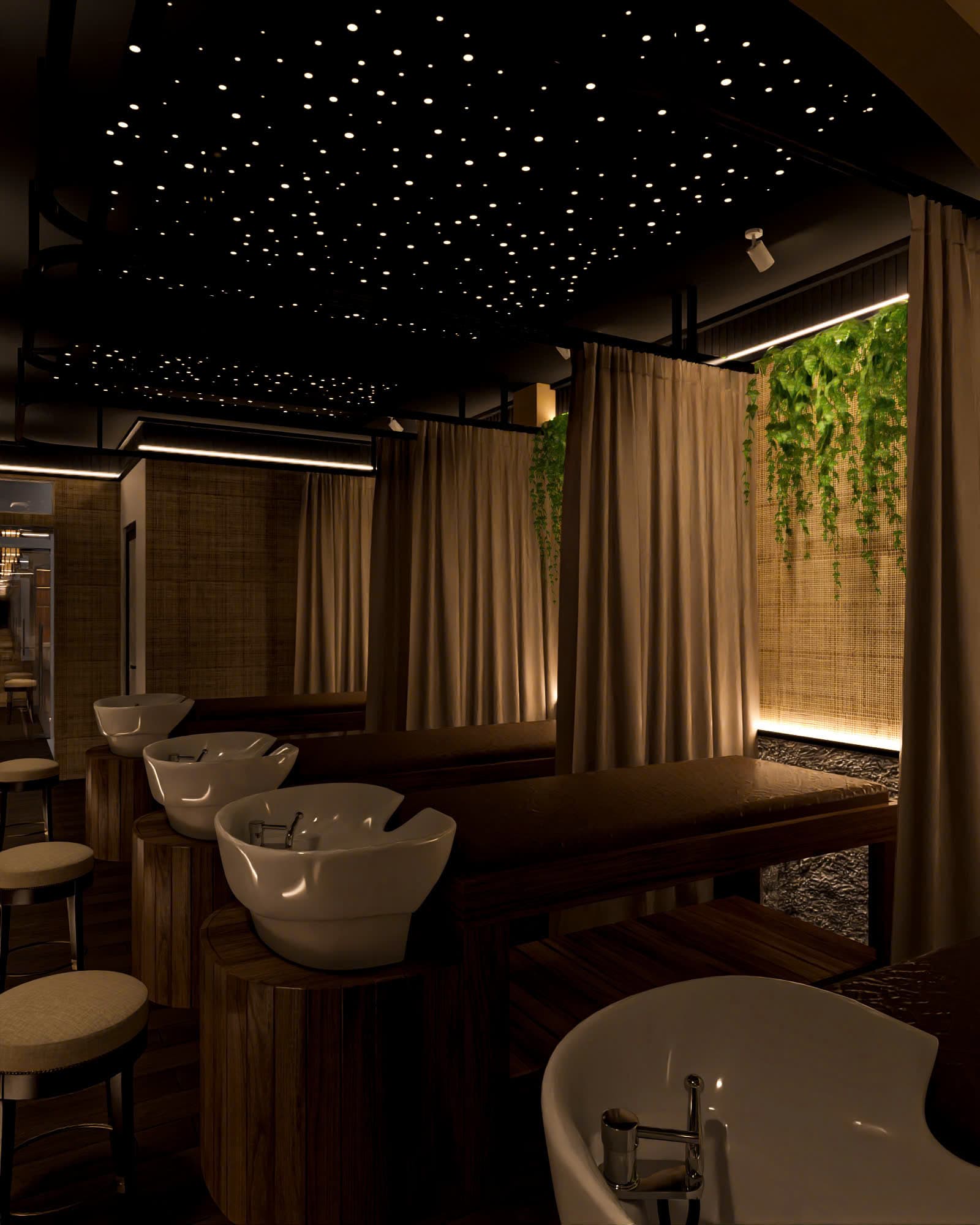 Không gian Lisa Nail & Spa — khu massage với giường êm, rèm lụa và mảng cây xanh rủ